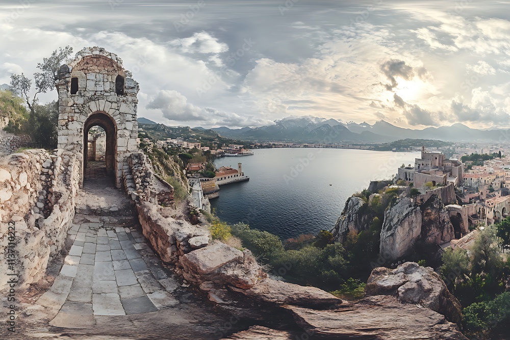 Fototapeta premium Cefalù cathedral overlooking tyrrhenian sea at sunset with snowy madonie mountains in background
