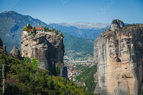 Monastery perched on rocky cliff in Meteora