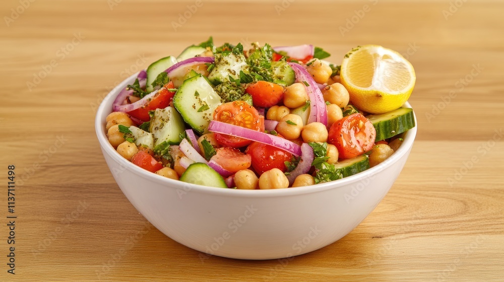 Fresh Chickpea Salad with Cherry Tomatoes, Cucumbers, Red Onion, Lemon, and Herbs Served in a White Bowl on a Wooden Table, Healthy and Colorful Dish Fresh Chickpea Salad with Cherry Tomatoes, Cucumbers, Red Onion, Lemon, and Herbs Served in a White Bowl on a Wooden Table, Healthy and Colorful Dish