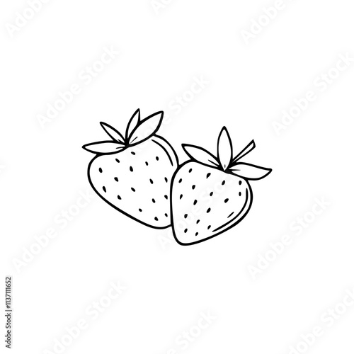 a black and white drawing of a strawberry with leaf coloring page
