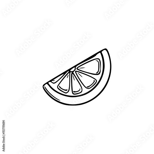 a black and white drawing of a slice of lemon