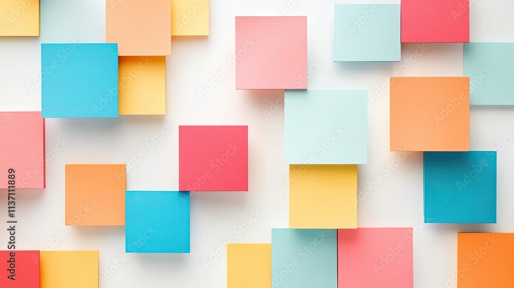 Colorful Array of Sticky Notes and Paper Squares Arranged on a White Background for Creative and Organizational Concepts Colorful Array of Sticky Notes and Paper Squares Arranged on a White Background for Creative and Organizational Concepts