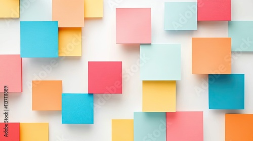 Colorful Array of Sticky Notes and Paper Squares Arranged on a White Background for Creative and Organizational Concepts