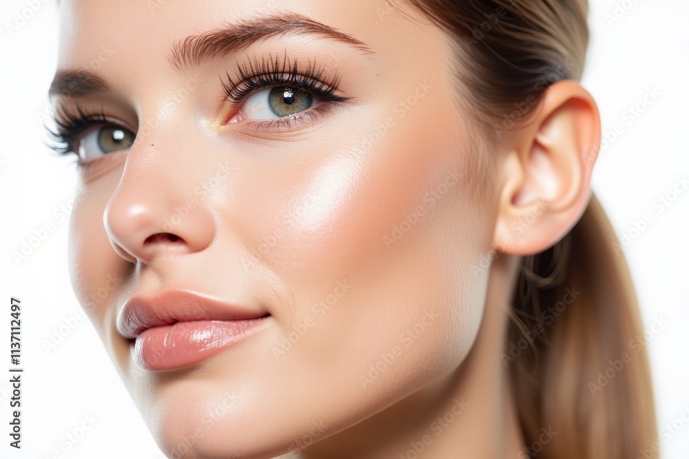 Elegant Close-Up of a Woman's Face Highlighting Natural Beauty and Makeup Techniques Perfect for Cosmetic Advertising Elegant Close-Up of a Woman's Face Highlighting Natural Beauty and Makeup Techniques Perfect for Cosmetic Advertising