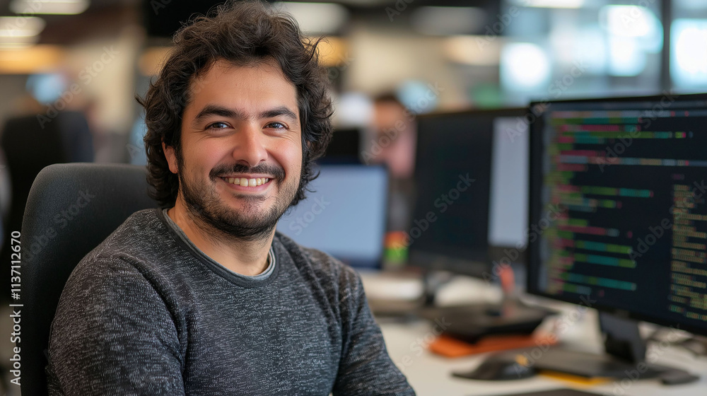 Fototapeta premium Smiling Latin programmer standing next to his monitor full of programming codes. In the background, a work office with coworkers