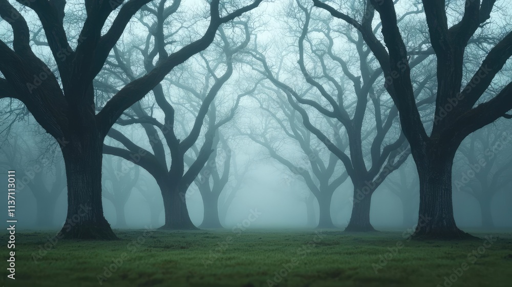 Mysterious fog idea. Mysterious fog-covered forest with barren trees, creating an eerie atmosphere. Mysterious fog idea. Mysterious fog-covered forest with barren trees, creating an eerie atmosphere.