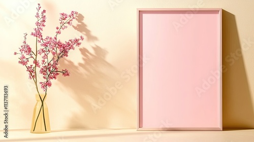 Minimalistic Composition Featuring Pink Frame and Delicate Floral Arrangement on Soft Beige Background, Perfect for Elegant Interior Decoration or Art Display photo