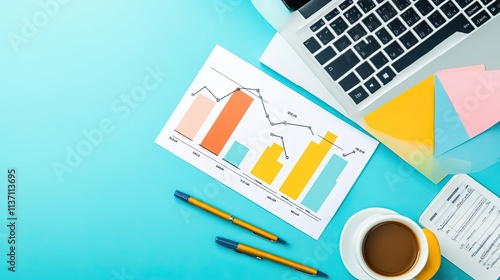 Business Workspace with Colorful Graphs, Laptop, Coffee Cup, and Stationery on Vibrant Blue Background for Financial Analysis and Productivity