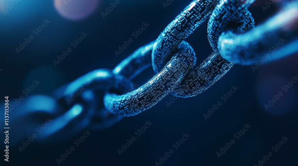 Futuristic Digital Chain Link Symbolizing Data Security and Blockchain Technology in a Cyber Environment with Blue Neon Glow Effects Futuristic Digital Chain Link Symbolizing Data Security and Blockchain Technology in a Cyber Environment with Blue Neon Glow Effects