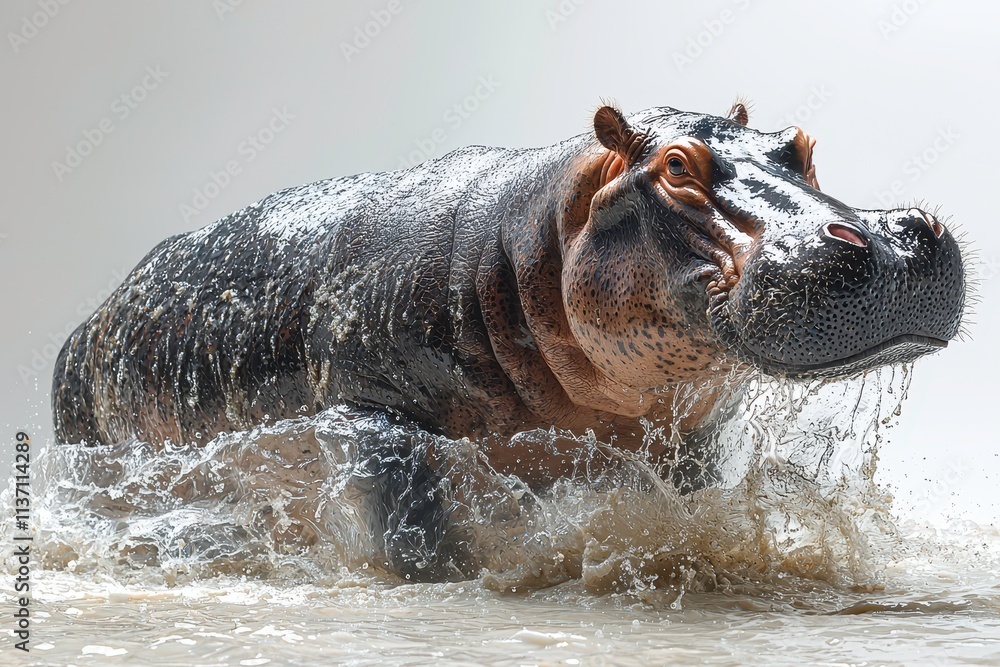 Fototapeta premium Powerful Hippo Wading Through Serene River Waters