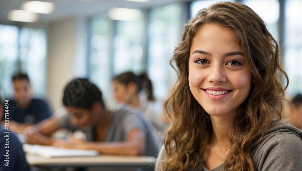 a female student sits and smiles at the camera, with a blurred classroom background a female student sits and smiles at the camera, with a blurred classroom background