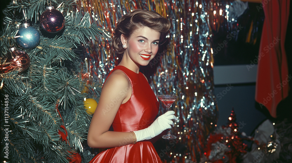 Φωτογραφία In the 1960s, a woman in a red satin dress and white gloves holds a martini, smi