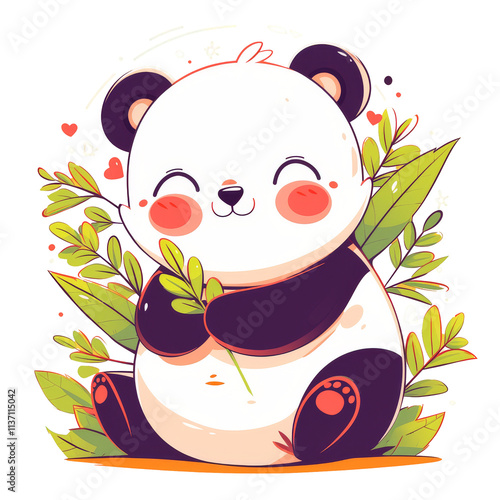 Smiling panda holding leaf, surrounded by green leaves. photo