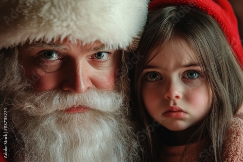 Gleeful yuletide, Ñute child girl melancholic with santa claus. Christmas marketing visual design snapshot for billboard and web marketing use. Toddler christmas santa lap. Santa ad kids happy. photo