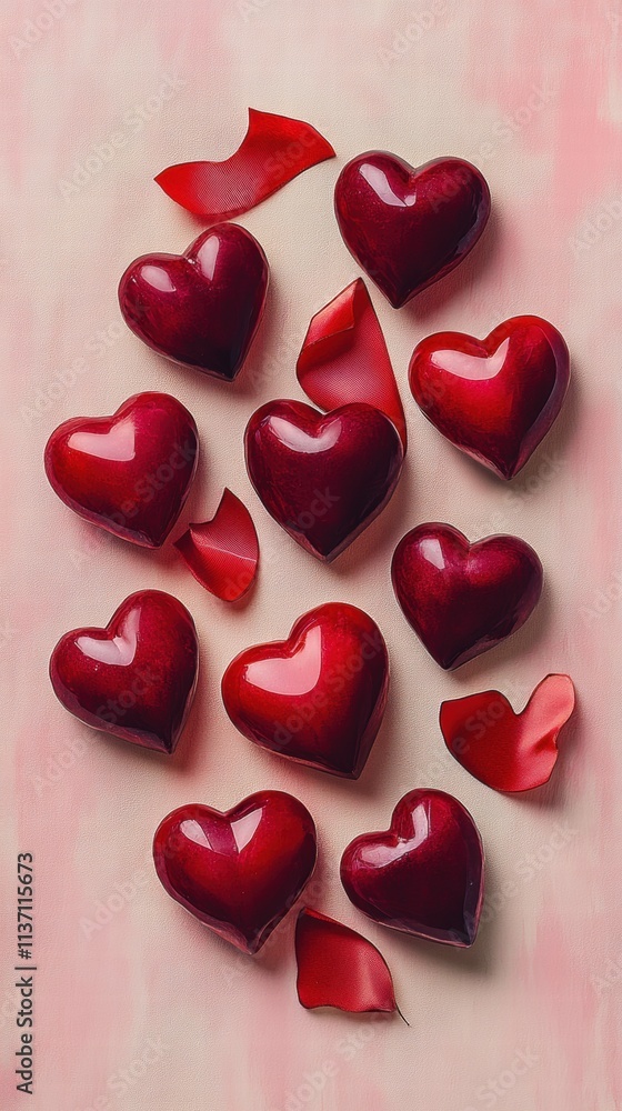 Red Heart-Shaped Chocolates on Pink Background Red Heart-Shaped Chocolates on Pink Background