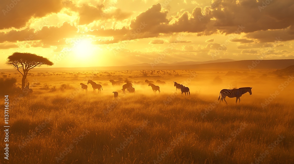 Naklejka premium Golden Sunset Over African Savanna With Zebras