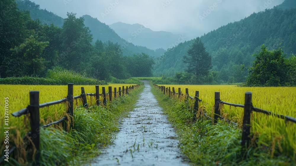 Fototapeta premium Serene Path Through Lush Greenery and Misty Mountains