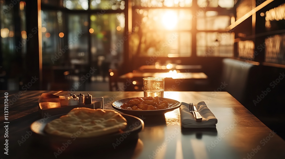 Golden Hour Restaurant Meal Naan Bread Curry Golden Hour Restaurant Meal Naan Bread Curry