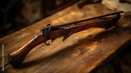 Ornate Wooden Hand Cannon Rests on Aged Wood photo