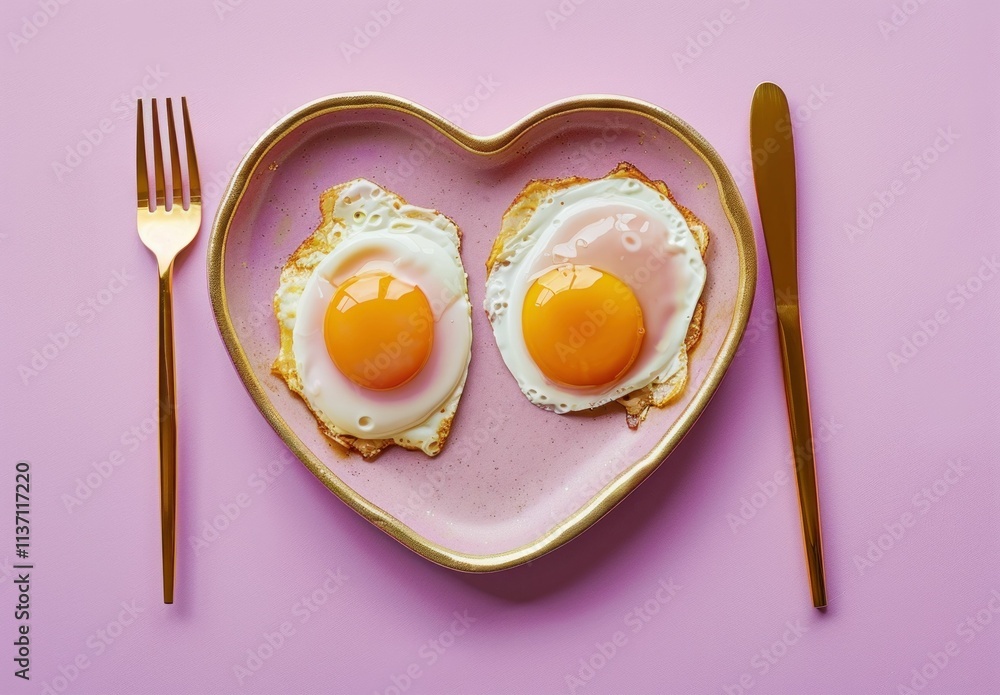 Eggs on a heart shaped plate, pink background, golden cutlery, food art, romantic breakfast, heart shaped dish, yellow yolks, fried eggs served with elegance, stylish presentation Eggs on a heart shaped plate, pink background, golden cutlery, food art, romantic breakfast, heart shaped dish, yellow yolks, fried eggs served with elegance, stylish presentation