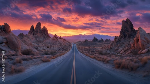 Desert highway stretches to horizon, flanked by majestic rock formations under vibrant sunset sky. Orange and purple hues paint the landscape, creating dramatic shadows on ancient stones.