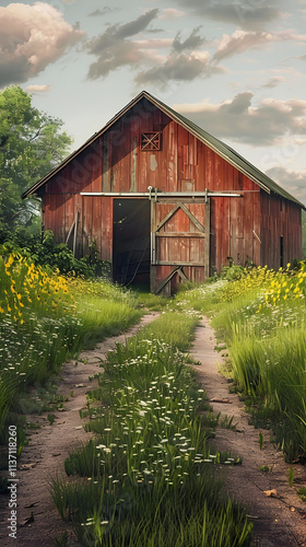 Charming Rustic Barn Amidst Verdant Countryside with Wildflowers and Dirt Pathway Leading to Weathered Red Structure photo