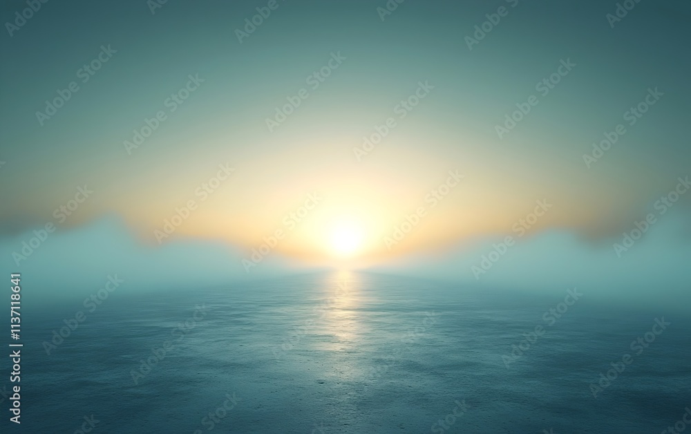 A serene landscape with a vibrant sunset illuminating a foggy horizon, creating a tranquil and ethereal atmosphere. The calm waters reflect the soft colors of the sky. A serene landscape with a vibrant sunset illuminating a foggy horizon, creating a tranquil and ethereal atmosphere. The calm waters reflect the soft colors of the sky.