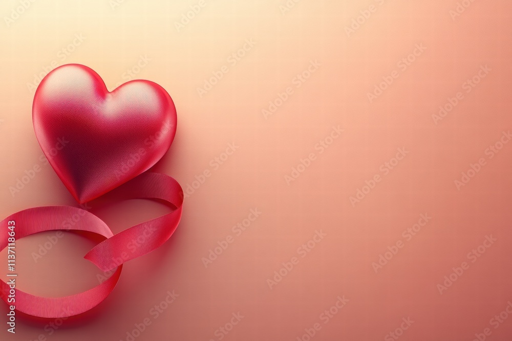 Romantic Red Heart with Ribbon on Peach Background Romantic Red Heart with Ribbon on Peach Background