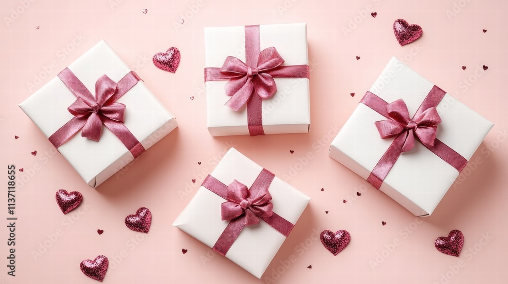 Romantic Gifts White Gift Boxes with Pink Ribbons and Hearts on Pink Background Romantic Gifts White Gift Boxes with Pink Ribbons and Hearts on Pink Background