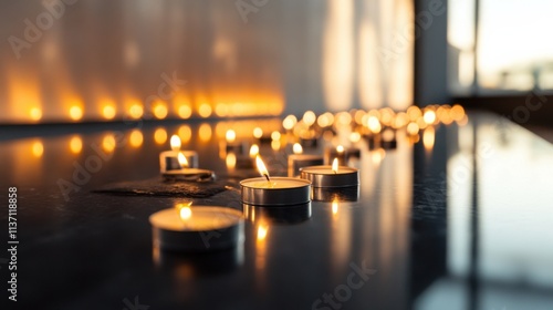 A reflective Holocaust Remembrance Day scene with memorial candles and poignant exhibits against a somber museum backdrop, respectful shot, Commemorative style photo