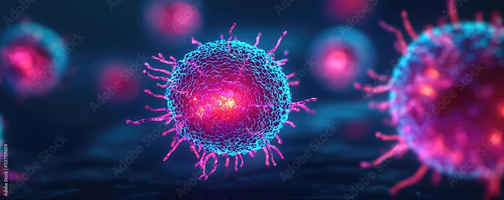 Cancer cells concept. Futuristic representation of virus cells showcasing vibrant colors and intricate details. Cancer cells concept. Futuristic representation of virus cells showcasing vibrant colors and intricate details.