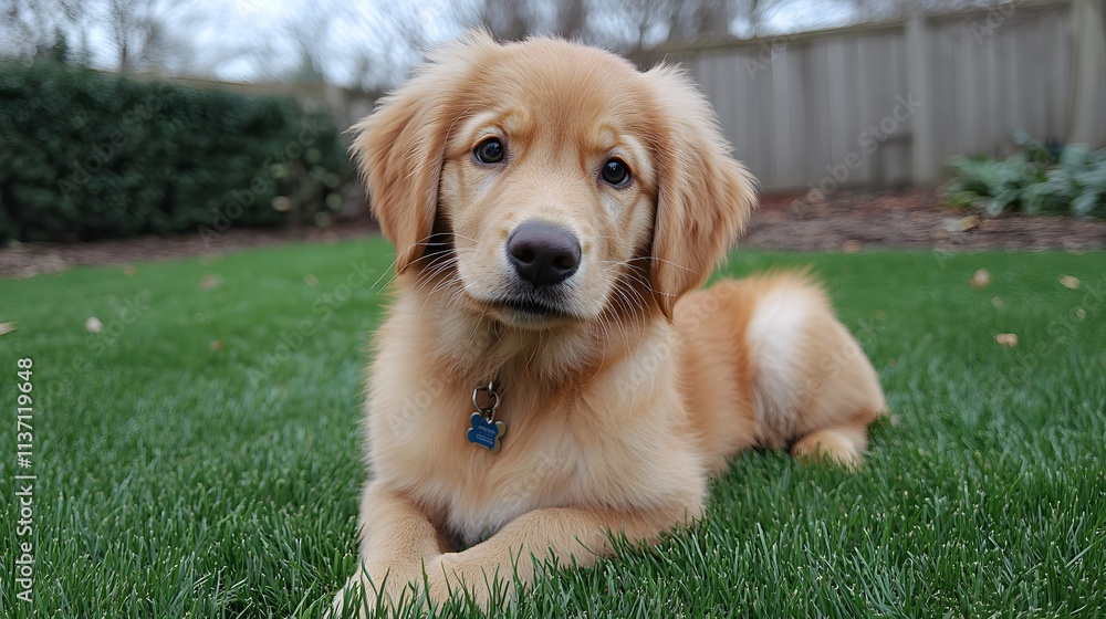 Golden retriever puppy on green lawn captured in sharp focus. Natural sunlight illuminates soft fur, with blurred park background creating intimate bokeh effect. Golden retriever puppy on green lawn captured in sharp focus. Natural sunlight illuminates soft fur, with blurred park background creating intimate bokeh effect.