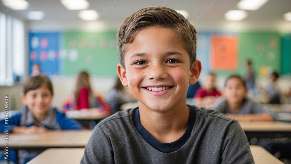 a 10-year-old boy sits and smiles at the camera, with a blurry classroom background a 10-year-old boy sits and smiles at the camera, with a blurry classroom background