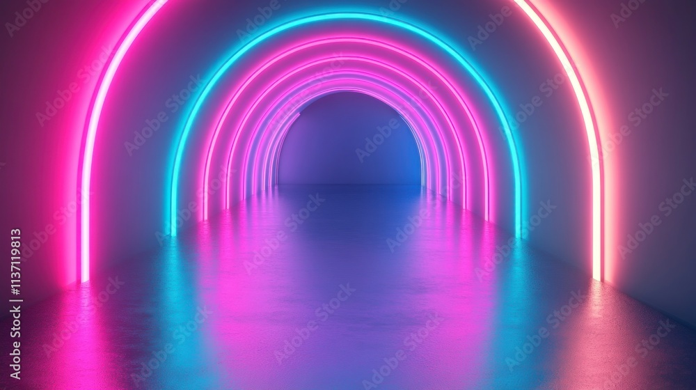 Neon Pink and Blue Archway Tunnel Illumination