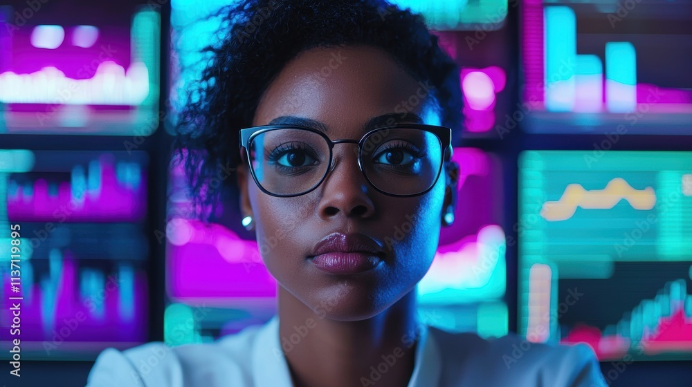 Confident Female Analyst in Front of Neon Financial Data Screens Confident Female Analyst in Front of Neon Financial Data Screens