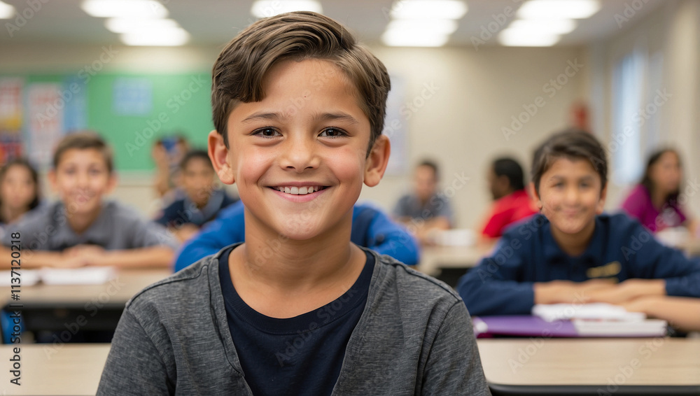 a 10-year-old boy sits and smiles at the camera, with a blurry classroom background a 10-year-old boy sits and smiles at the camera, with a blurry classroom background