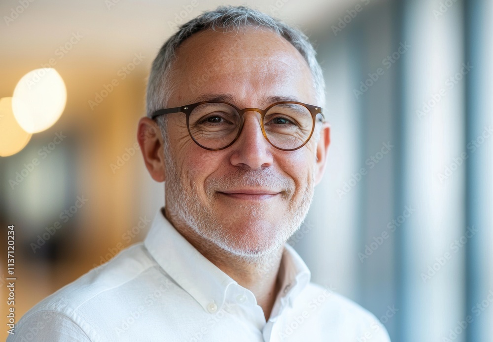 Confident Middle-Aged Man Smiling in Modern Office Environment Confident Middle-Aged Man Smiling in Modern Office Environment