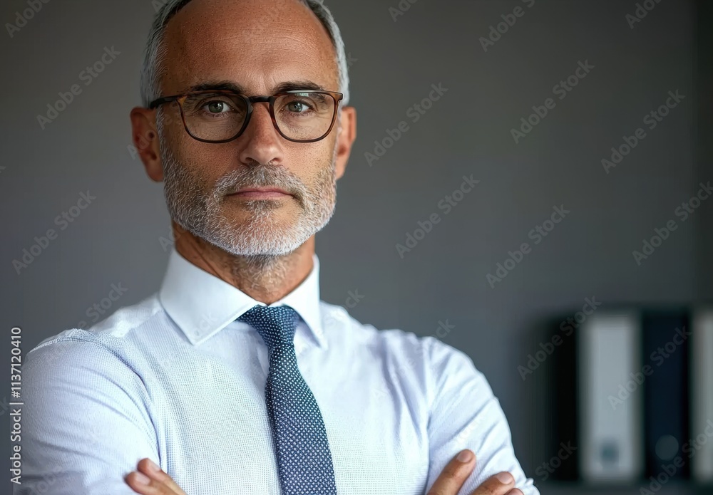 Confident Businessman in Modern Office with Serious Expression Confident Businessman in Modern Office with Serious Expression