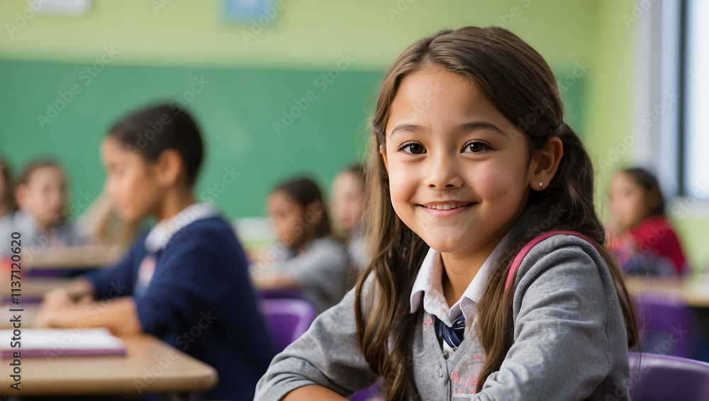 a 10-year-old girl sits and smiles at the camera, with a blurry classroom background a 10-year-old girl sits and smiles at the camera, with a blurry classroom background