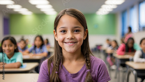 a 10-year-old girl sits and smiles at the camera, with a blurry classroom background