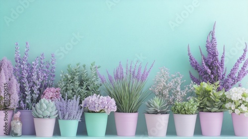 Pastel pots of lavender and succulents on a mint background
