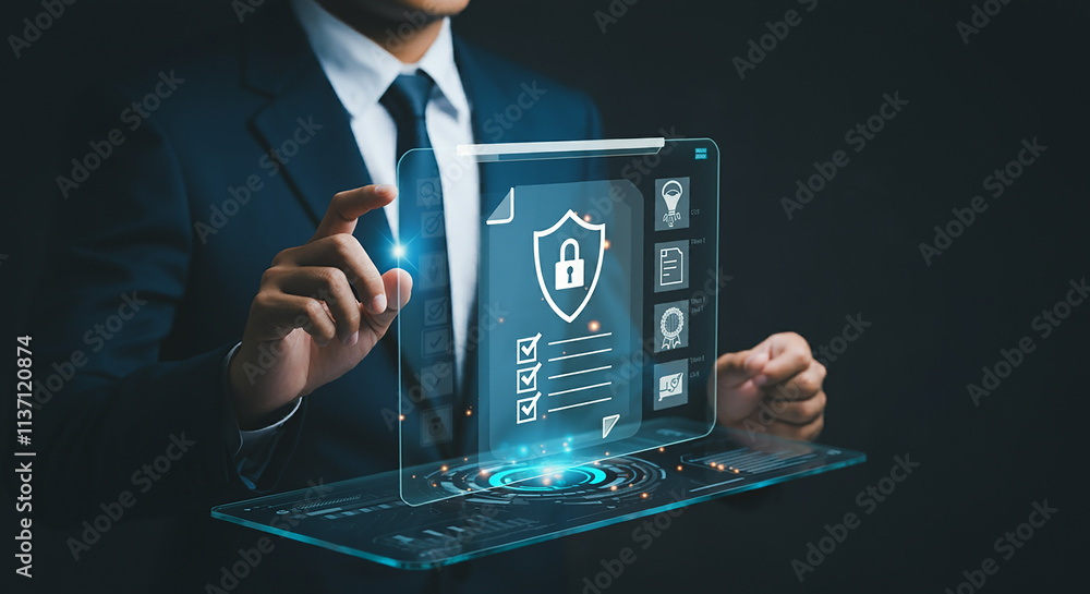 Secure Data Protection Businessman using digital security interface Secure Data Protection Businessman using digital security interface
