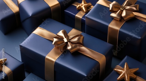 Luxury Navy Blue Gift Boxes with Gold Ribbons and Stars