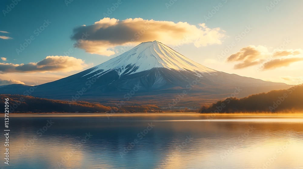 Majestic Mount Fuji at Sunrise Over Calm Lake Majestic Mount Fuji at Sunrise Over Calm Lake