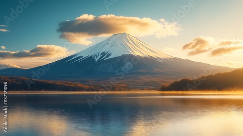 Majestic Mount Fuji at Sunrise Over Calm Lake