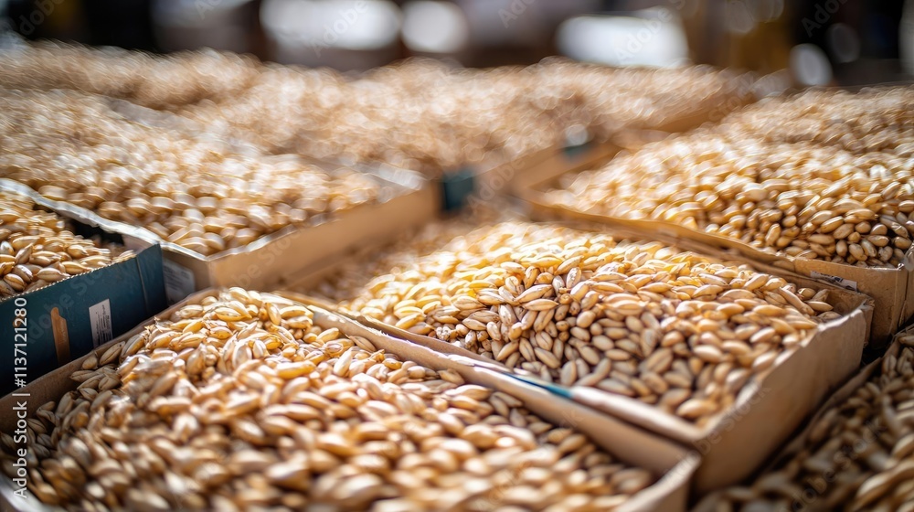 Wheat sustainability concept. Golden pine nuts in cardboard boxes arranged on a wooden table for sale in a market. Wheat sustainability concept. Golden pine nuts in cardboard boxes arranged on a wooden table for sale in a market.