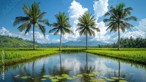 Scenic Rural View with Rice Paddies and Coconut Palms