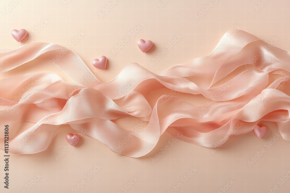 Elegant Pink Silk Ribbon and Hearts on Peach Background Elegant Pink Silk Ribbon and Hearts on Peach Background