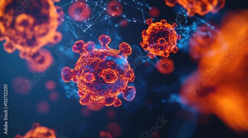 Cancer cells concept. Detailed digital illustration of viruses with vibrant colors and intricate structures.