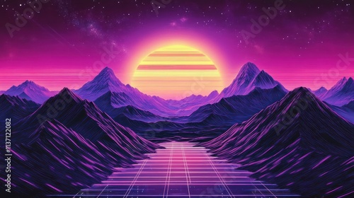 Retro Futuristic Sunset Over Purple Mountainscape photo